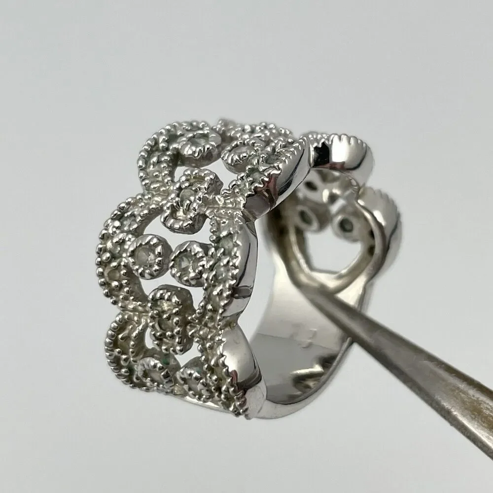 Premier Designs White Rhinestone Wide Ring Band  Sz 6 Boho Statement Cocktail
